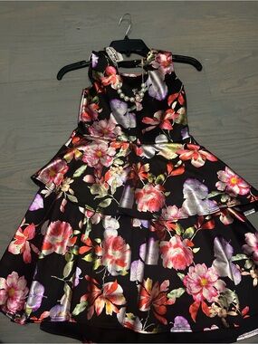Girls Black Floral Tiered Party Dress